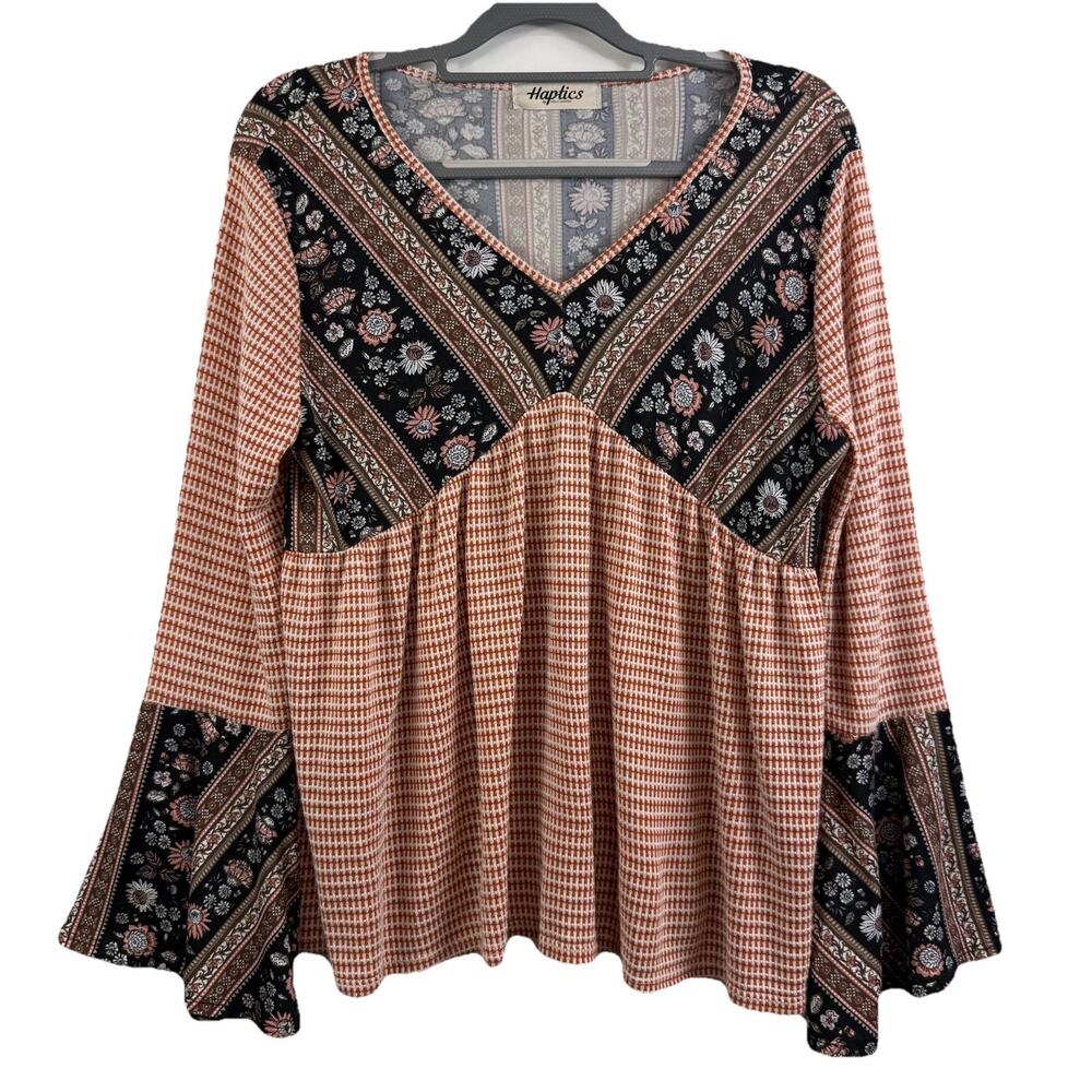 Haptics By Holly Harper Babydoll Top Medium Mixed Print Bell Sleeve Bohemian